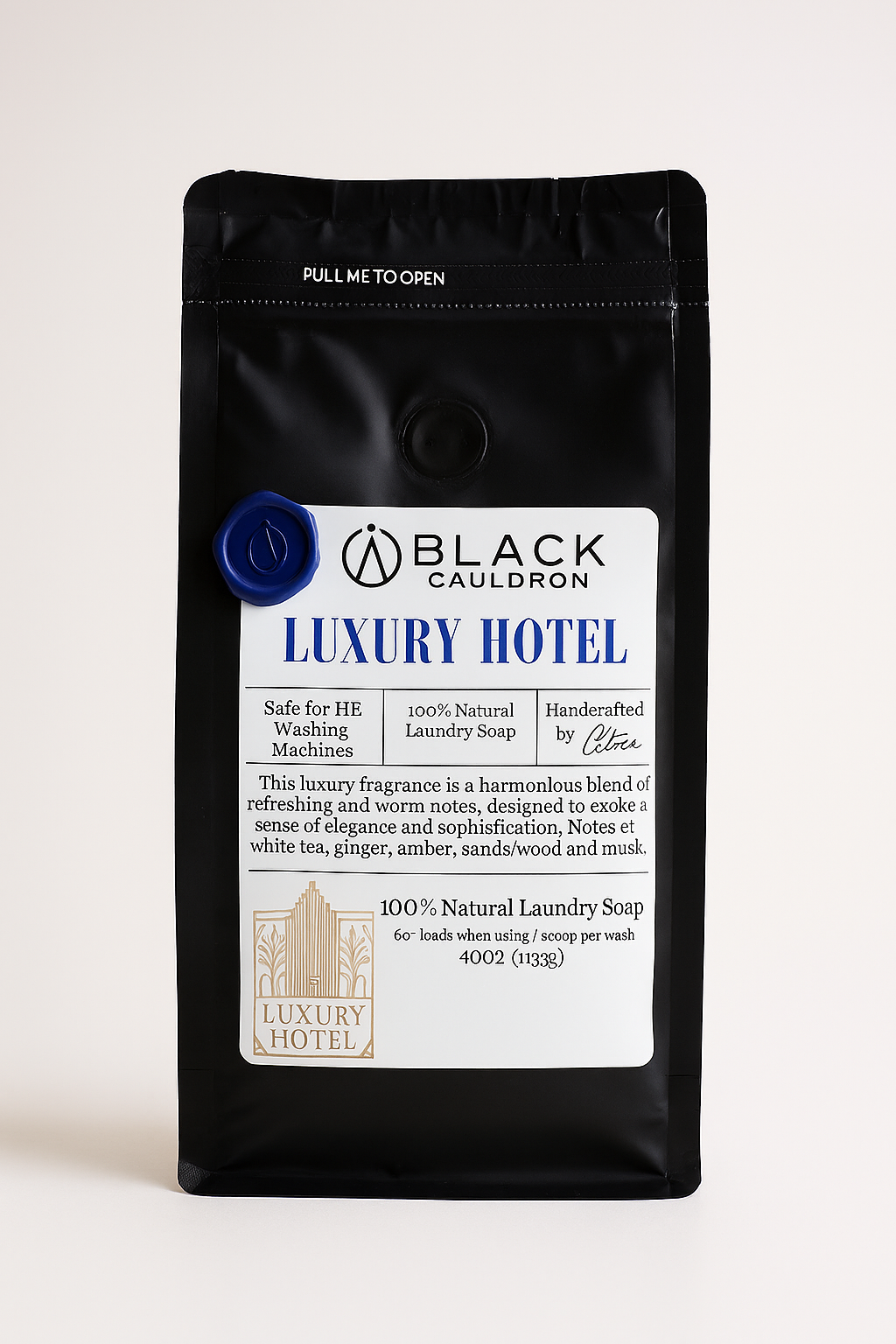 Black Cauldron Luxury Hotel laundry soap packaging on a white background