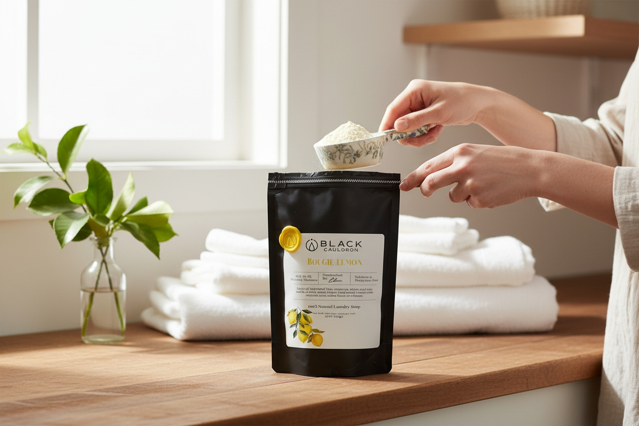 Person opening a black bag of Black Vanilla laundry soap on a wooden surface with white towels and a plant in the background.