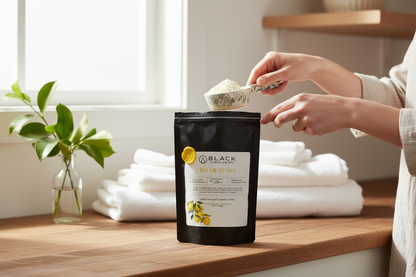Person opening a black bag of Black Vanilla laundry soap on a wooden surface with white towels and a plant in the background.