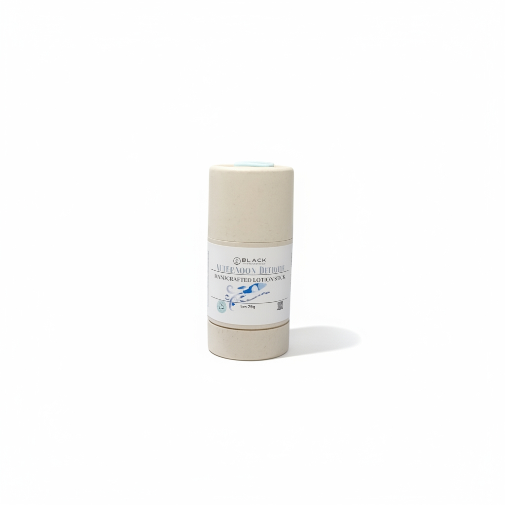 Beige lotion stick with a white label on a white background