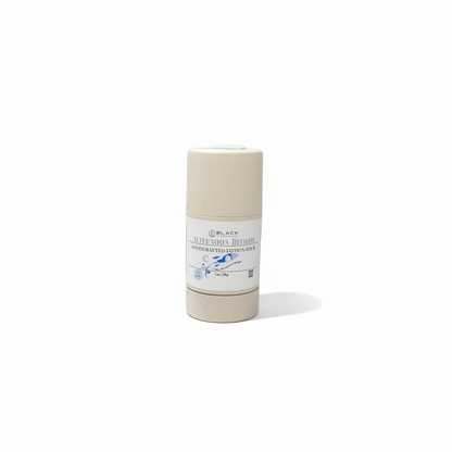 Beige lotion stick with a white label on a white background