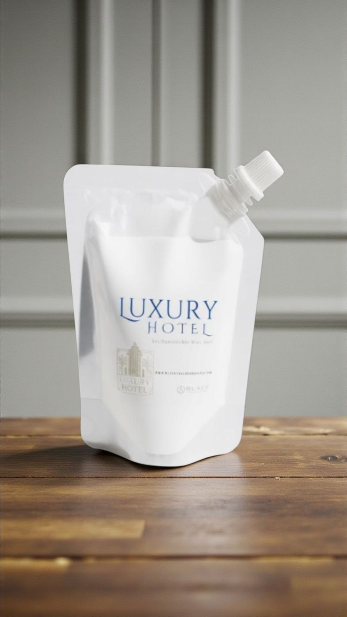 White refill pouch labeled 'Luxury Hotel' on a wooden surface with a gray background