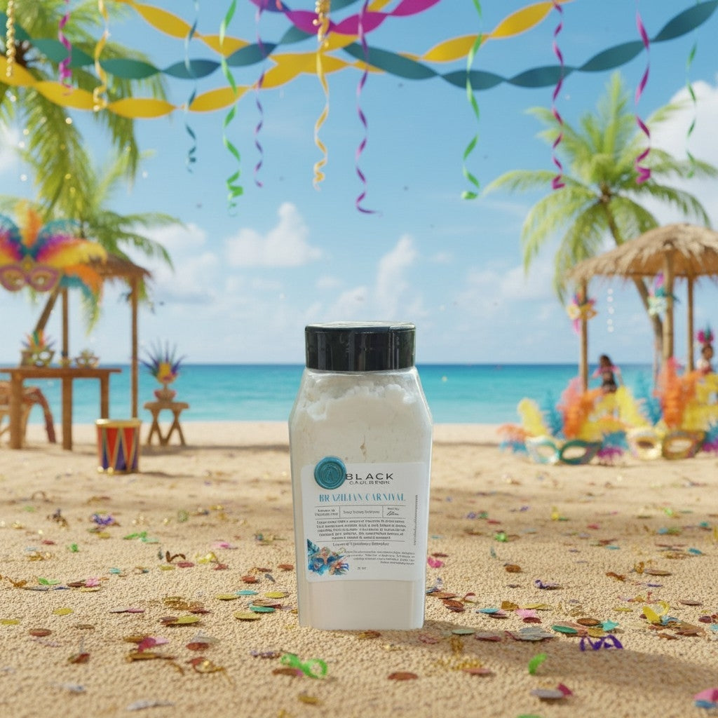 A white container with a black lid and a label reading carpet Refresher stands on a sandy beach set. The background features a tropical beach scene with palm trees, a blue ocean, and colorful party decorations hanging overhead.