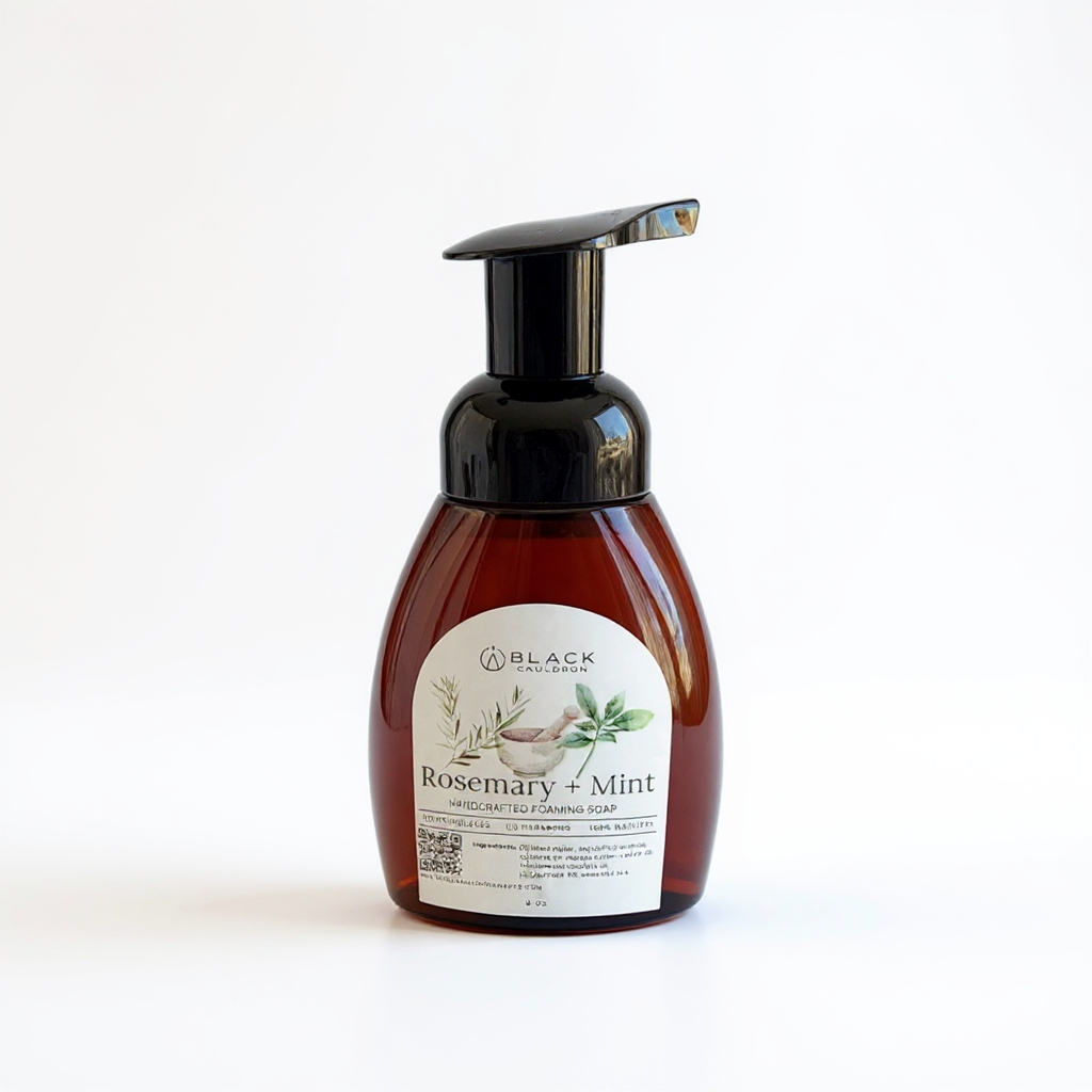 Foaming handsoap scented rosemary mint in an amber bottle with black pump.