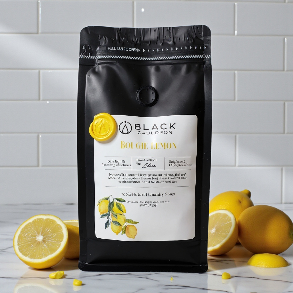 Bougie lemon laundry soap picture.  Black laundry soap packaging with a label and lemon illustrations on a white background.