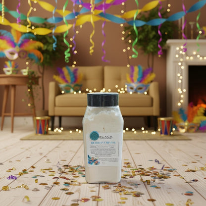 A bottle of carpet Refresher placed on a light wooden floor in a decorated living room with colorful streamers, confetti, a sofa, and festive 