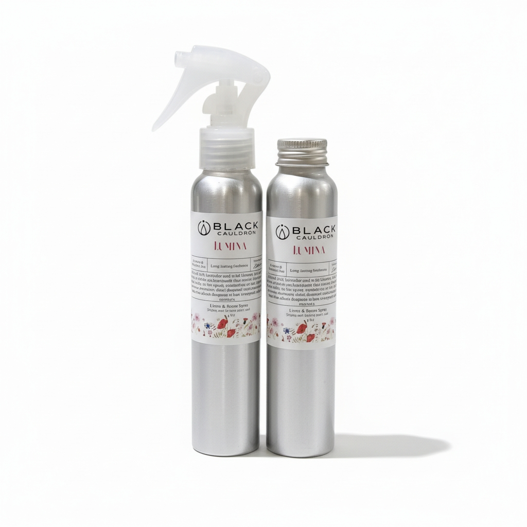 Two silver bottles with labels on a white background.   Lumina room and linen spray 