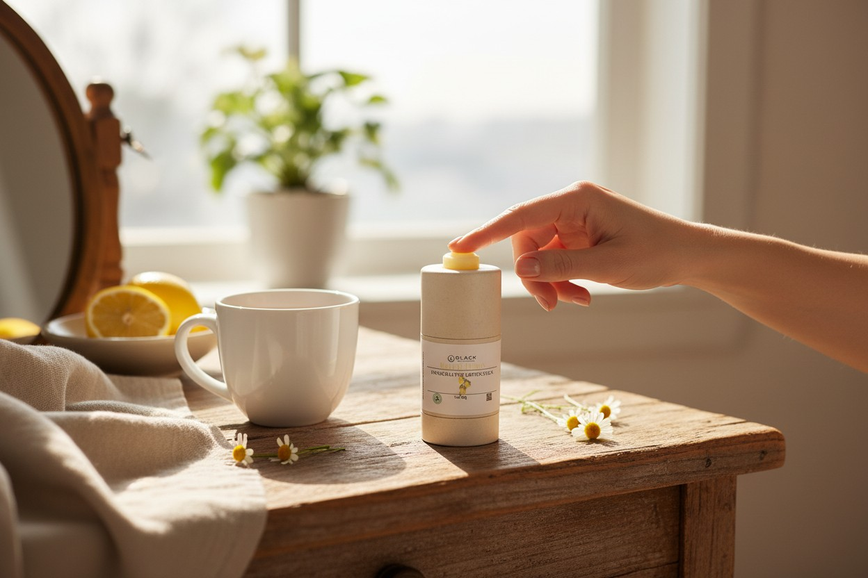 Person holding a container of bougie lemon lotion stickon a wooden table with a cup and lemon in the background.