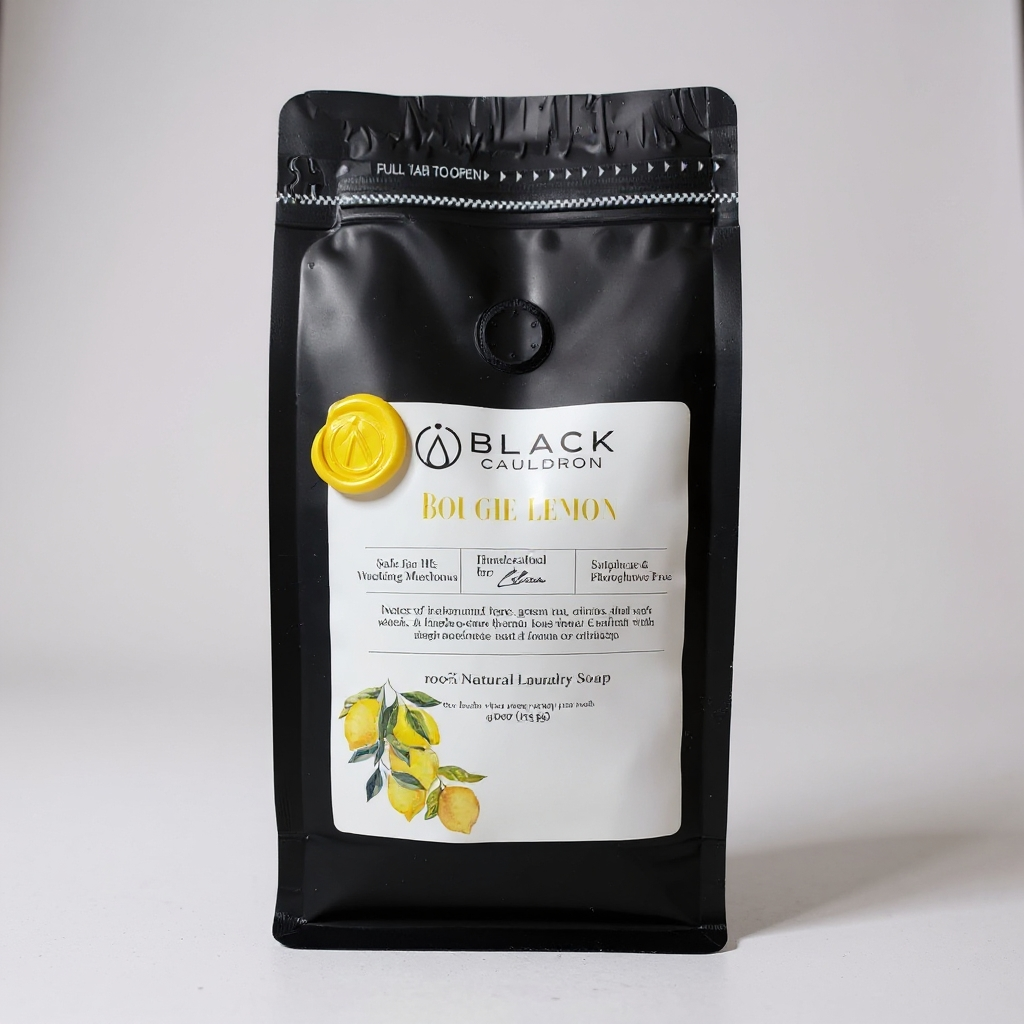 Black Cauldron Bold Lemon laundry soap package on a white background