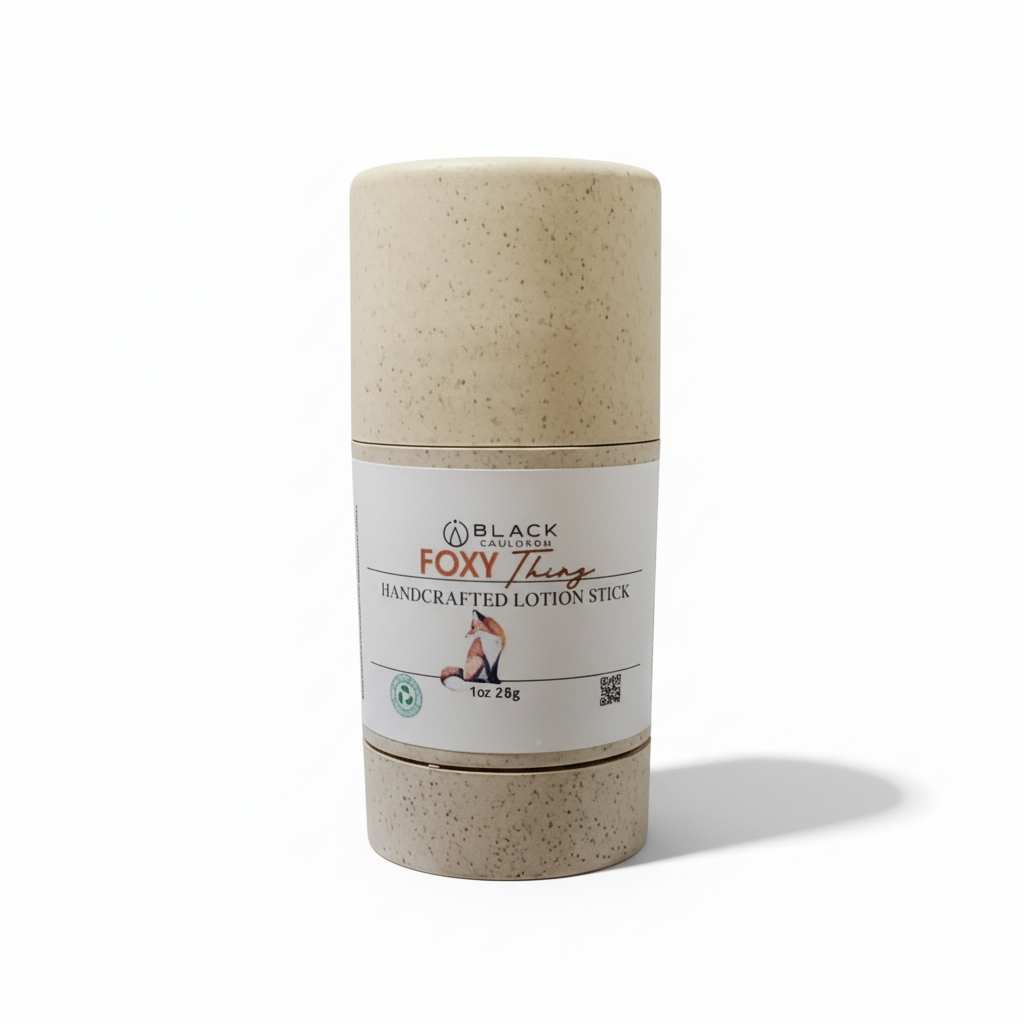 Handcrafted lotion stick with a white label on a white background