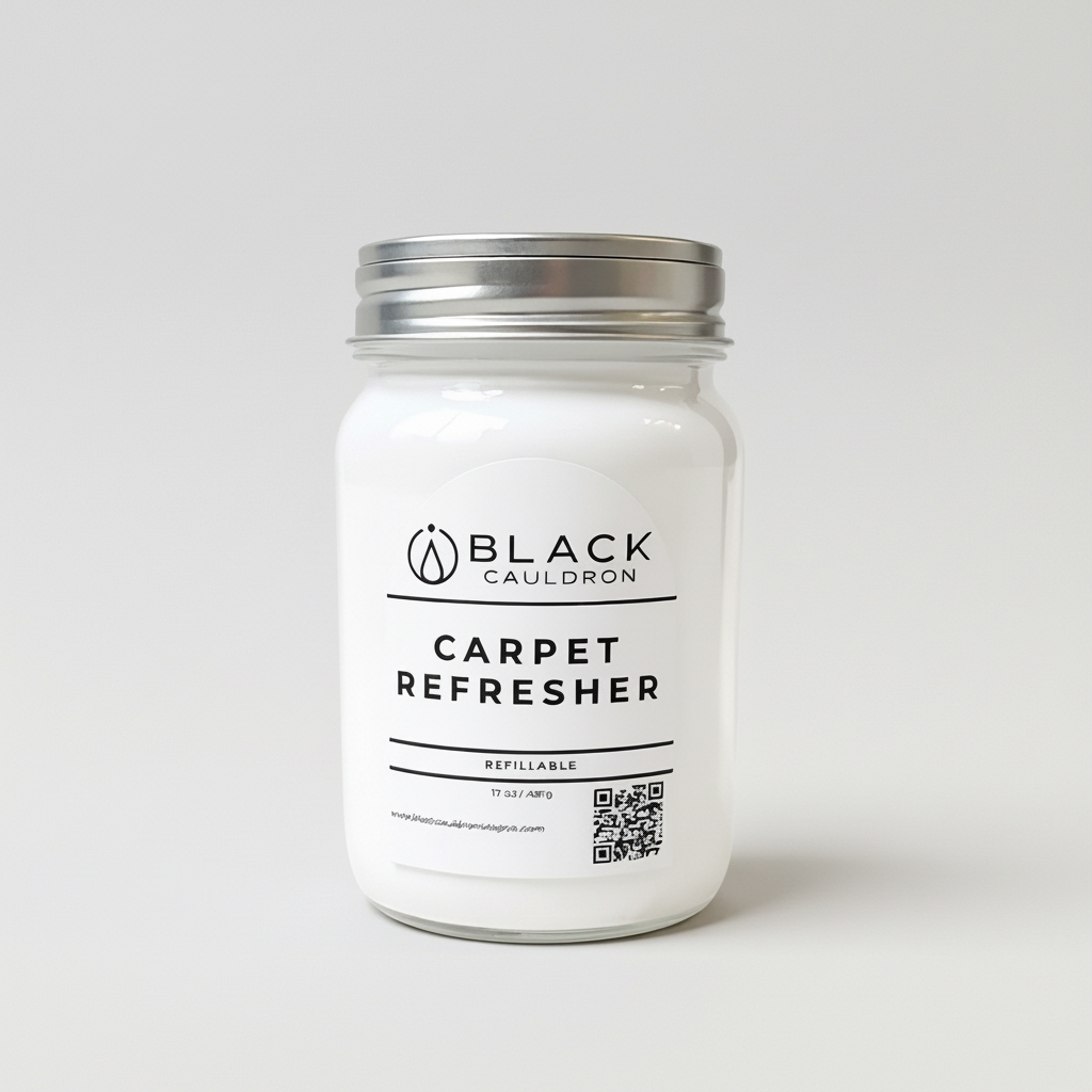 White jar labeled 'Carpet Refresher' by 'Black Cauldron' on a light gray background