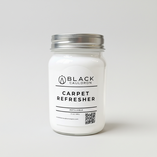 White jar labeled 'Carpet Refresher' by 'Black Cauldron' on a light gray background
