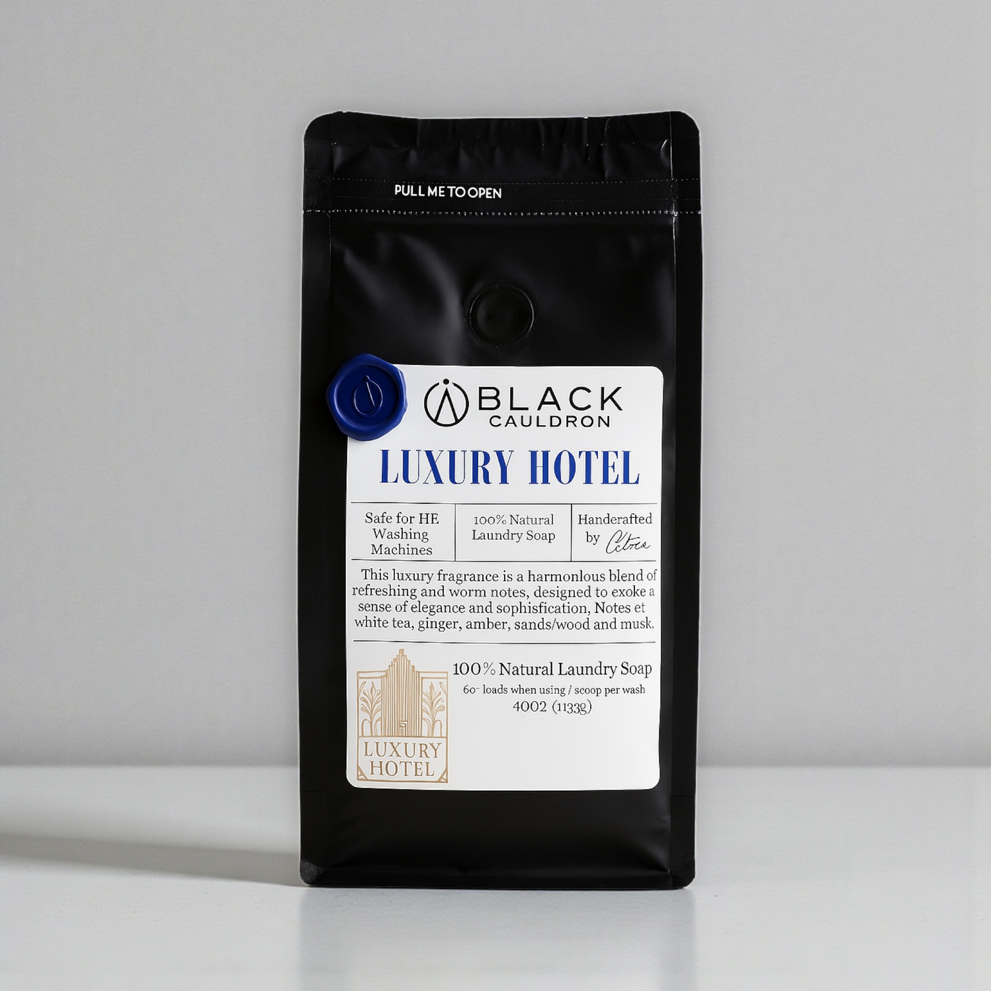 Black Cauldron Luxury Hotel laundry soap packaging on a white background