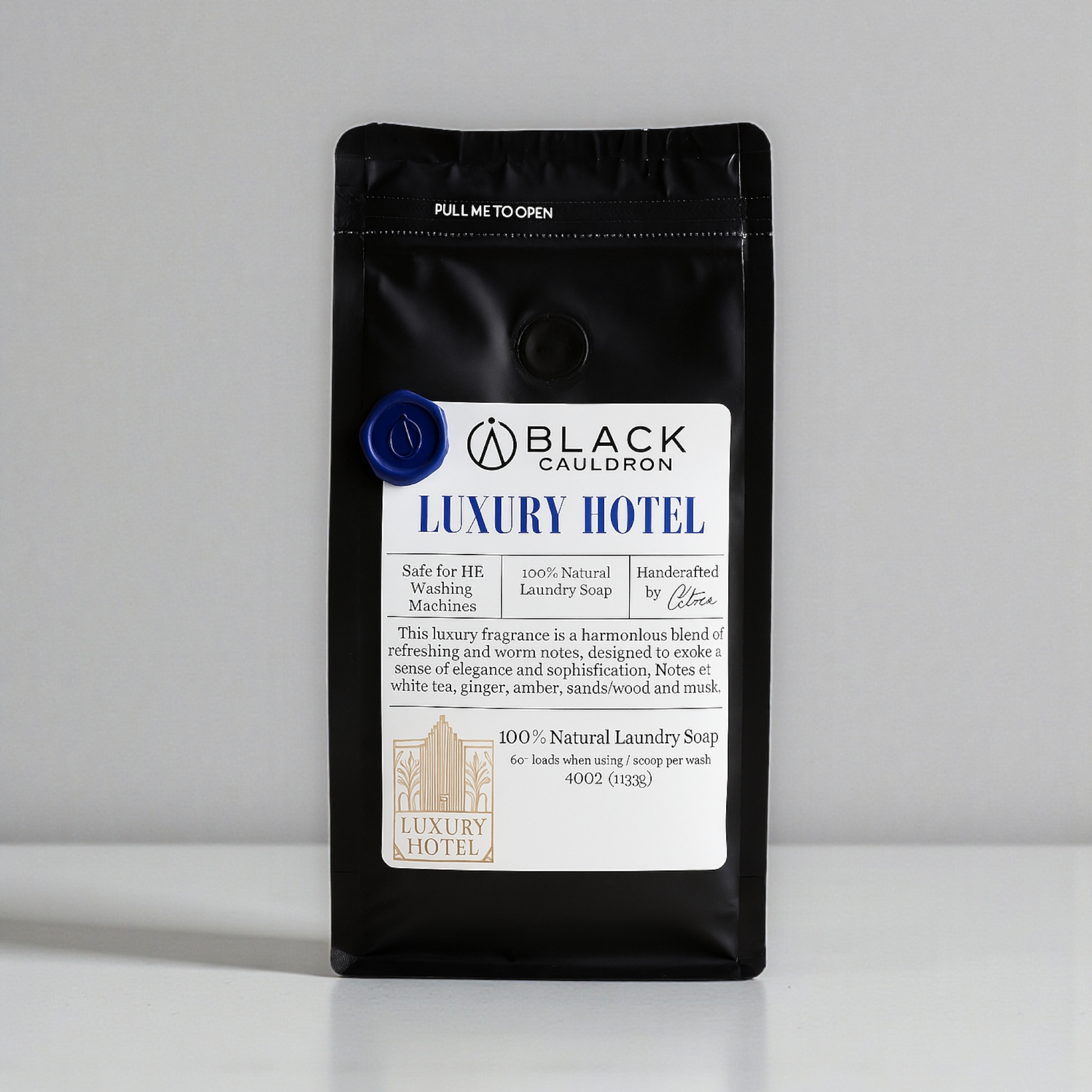 Black Cauldron Luxury Hotel laundry soap packaging on a white background