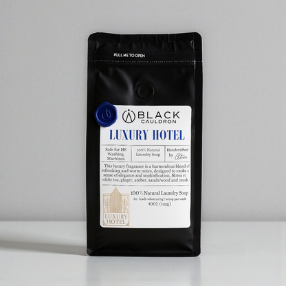 Black Cauldron Luxury Hotel laundry soap packaging on a white background