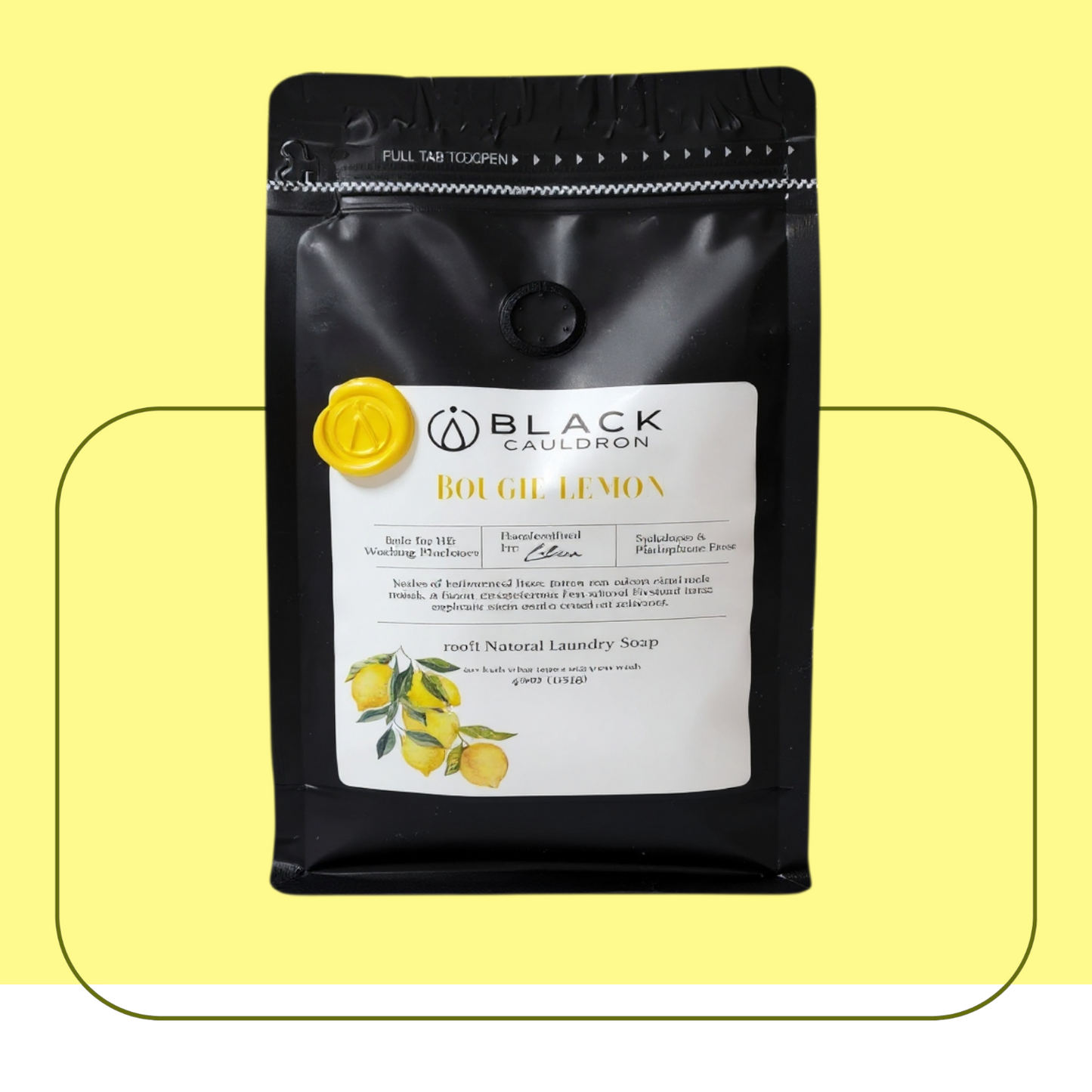 Bougie lemon laundry soap picture.  Black laundry soap packaging with a label and lemon illustrations on a yellow background.