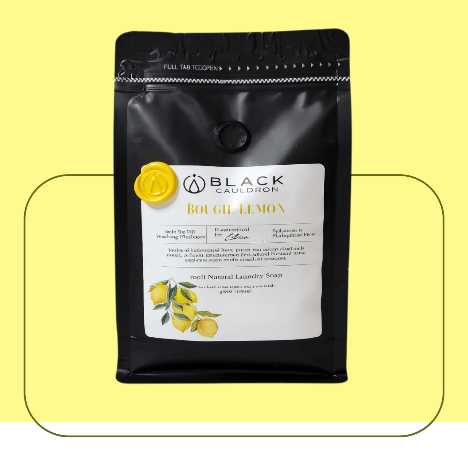 Bougie lemon laundry soap picture.  Black laundry soap packaging with a label and lemon illustrations on a yellow background.